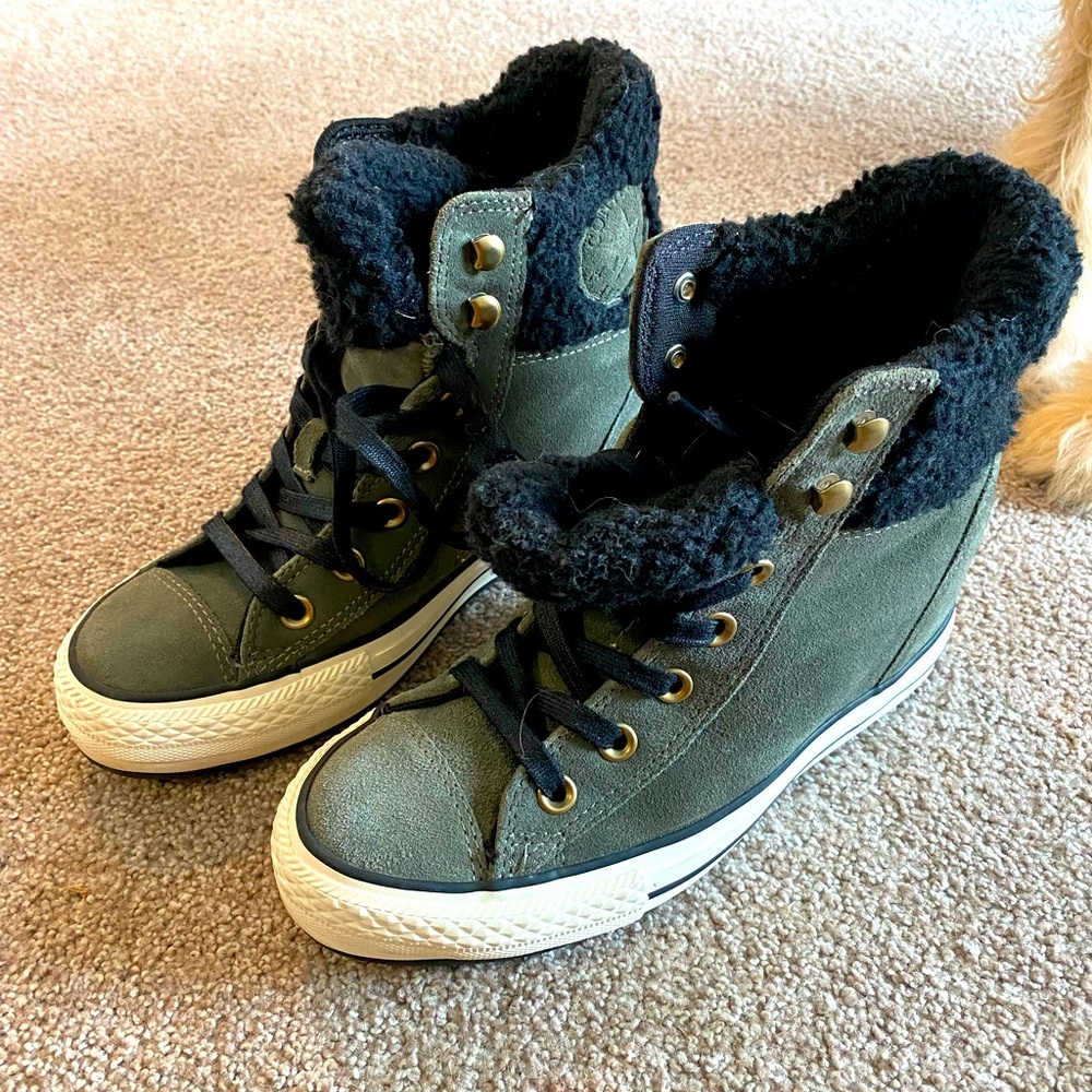 Vintage High Top Converse with Fur - Size 7 Womens - Olive Green and Black Fur